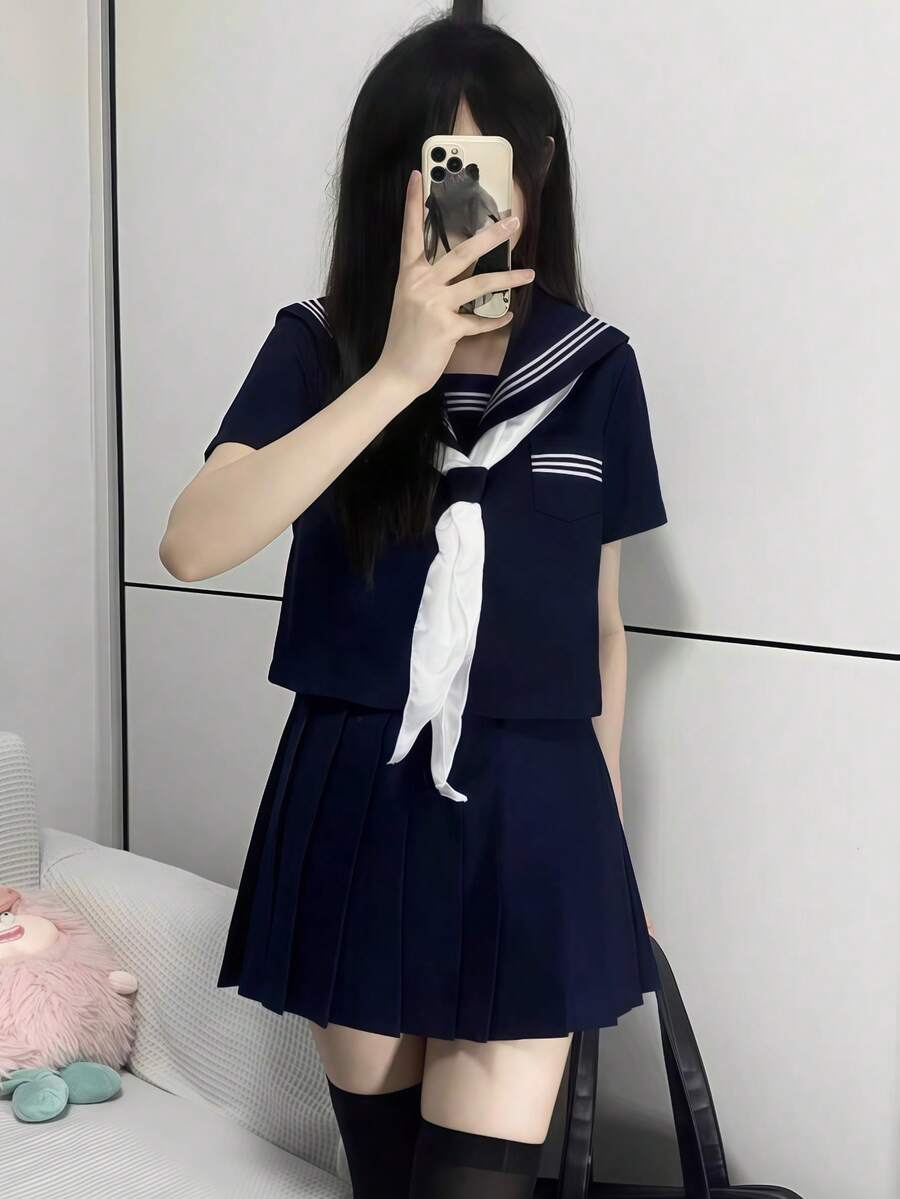 1pc School Uniform Cosplay Outfit / Navy Blue 3-Piece JK Uniform Summer Set For Women, Y2K Aesthetic Suitable For Cosplay, Party, Graduation Photo Shoot Spring - Multicolor - View 1
