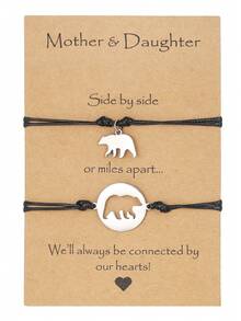 2件套不锈钢小熊吊坠及可调节蜡绳编织手链套装，母女同款首饰，适合母亲节礼物及日常佩戴 - 彩色 - 查看 4