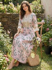 Elegant Arabian Floral Print Long Dress With Notched Ruffle Neck Three Quarter Regular Sleeves Fringe Detail And Appliques Woven Fabric Vacation Spring - Multicolor - View 3