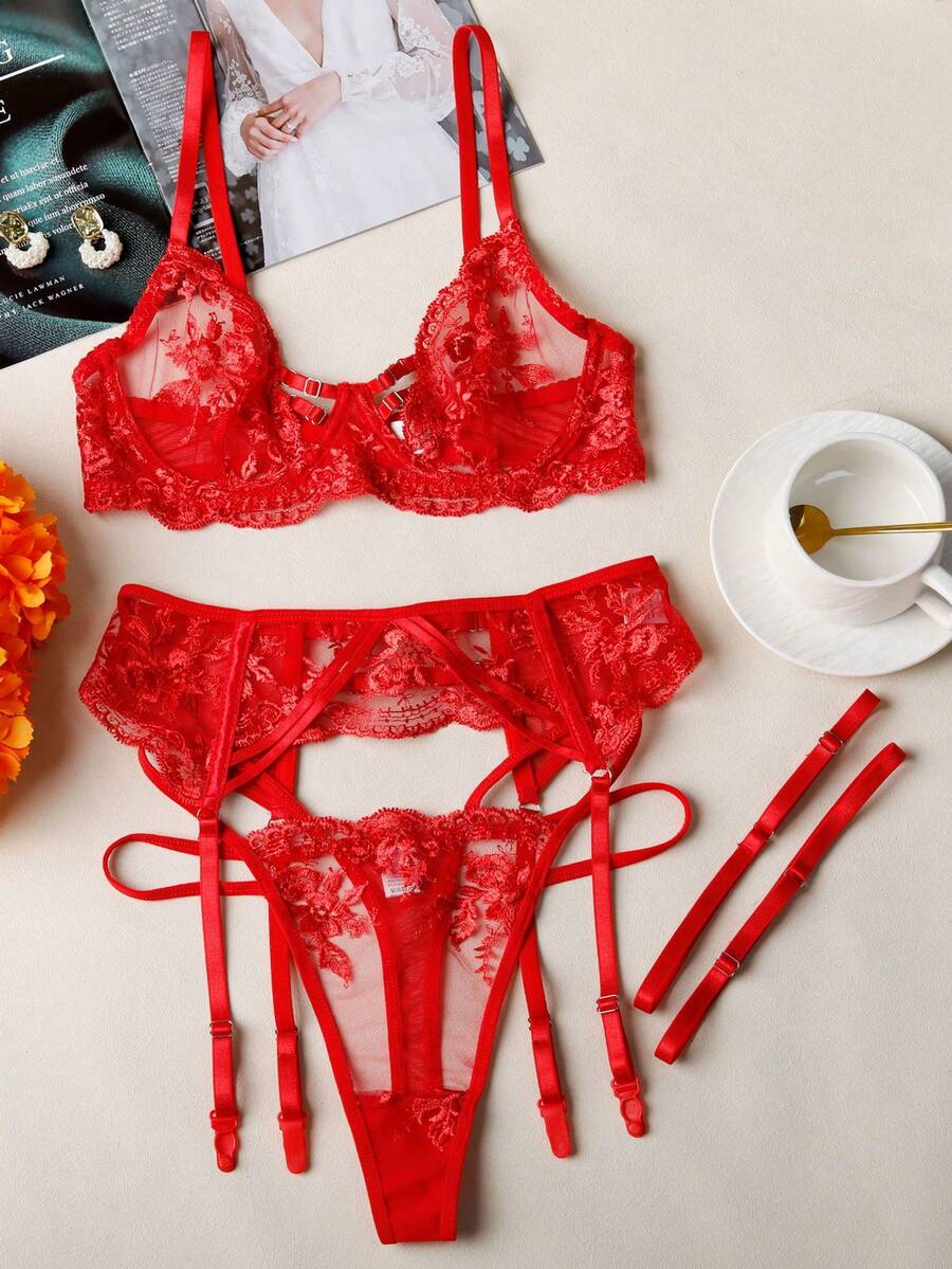 Conjunto de lencería de malla transparente bordada sexy para mujer, sujetador con aros y liguero de 3 piezas - Rojo - Ver 1