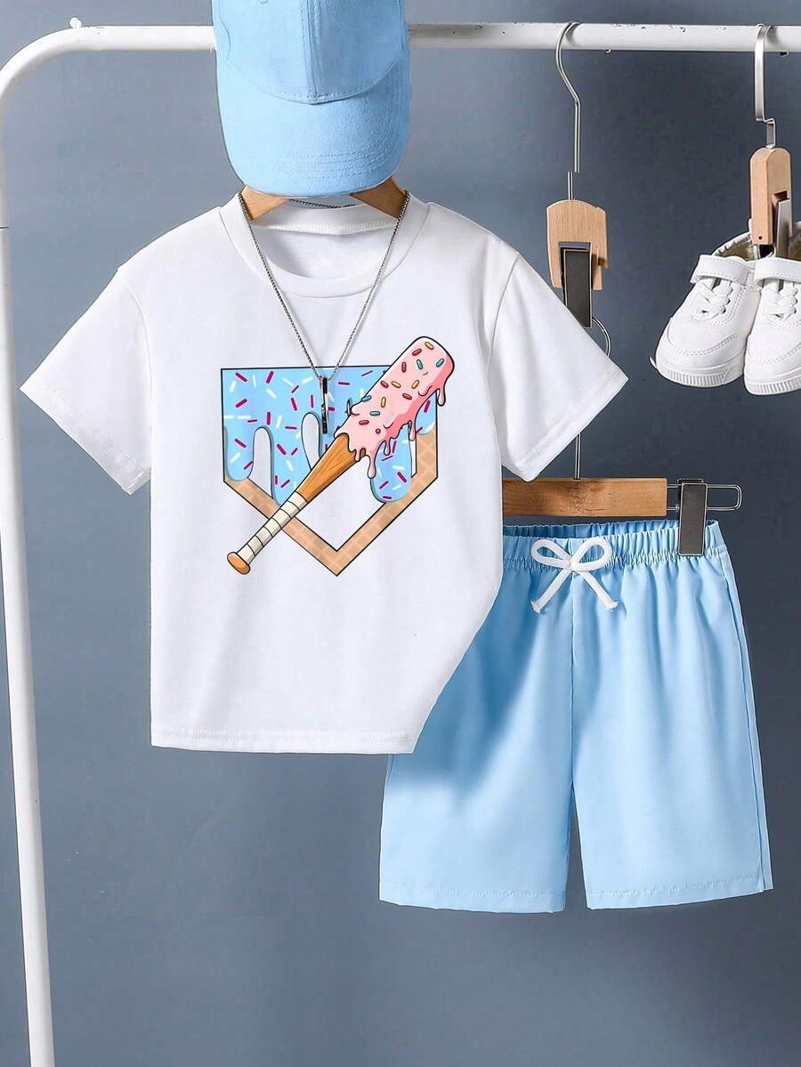Bộ quần áo thường ngày cho bé trai gồm áo thun ngắn tay cổ tròn in hình bóng chày và quần short. - trắng - Xem 1