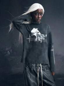European And American Dark Personality Street Hip-Hop Imitation Washed Old Gradient Pattern Long-Sleeved Stitching Fake Two-Piece T-Shirt Top - màu đen - Xem 1