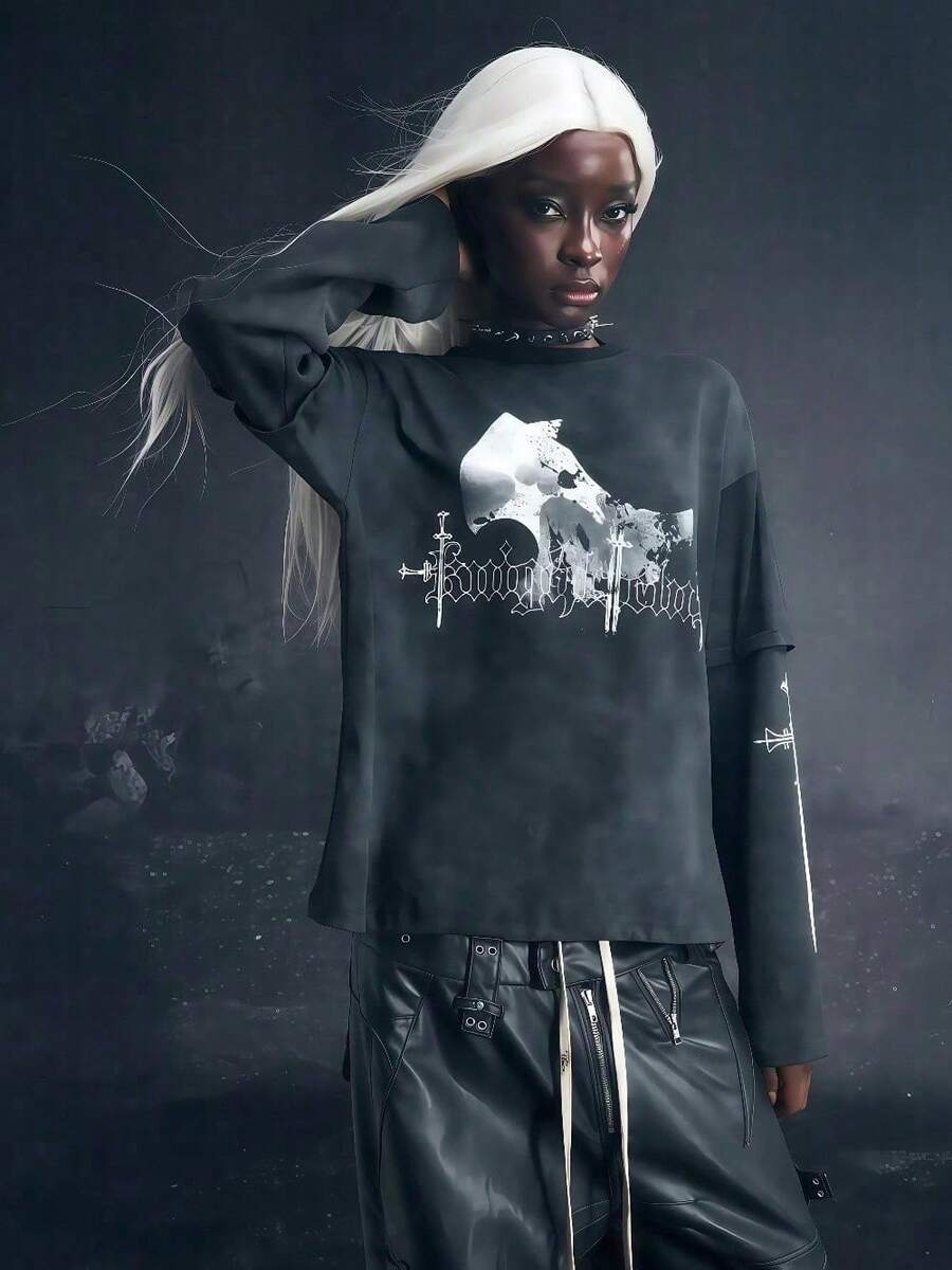 European And American Dark Personality Street Hip-Hop Imitation Washed Old Gradient Pattern Long-Sleeved Stitching Fake Two-Piece T-Shirt Top - màu đen - Xem 1