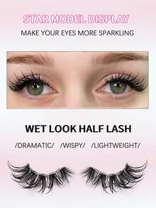 Asiteo 7 Pairs Messy Spiky Wet Look False Eyelashes Natural Half Eye Cat Eye False Eyelashes, Transparent Band,Doll Eye Styles, Create Cat Eye Makeup Effect, Long & Thin, Soft & Natural Looking Fake Lashes, Strip Eyelashes - Black - View 2