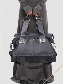 Y2K Women's Street Spliced Shoulder Bag, Personalized Mesh Handbag, Large Capacity Rivet Retro Crossbody Bag - Black - View 3