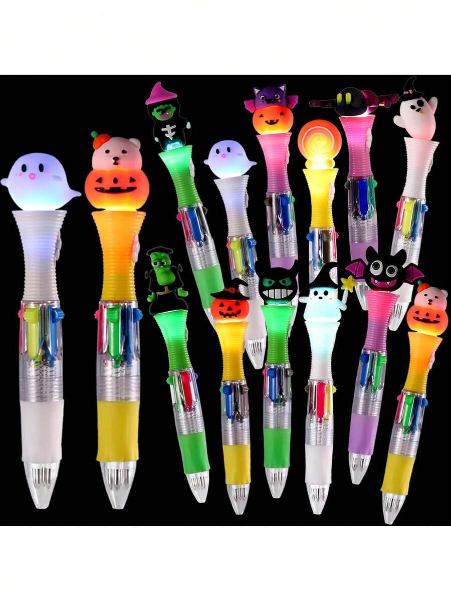 12PCS Halloween Pens,Multicolor Ballpoint Pens With Lights 4 Colors In 1 Halloween Retractable 0.7mm Multicolor Glow Writing Stationery For Holiday Party School Supplies Students Rewards,44191481 - Beige - View 1