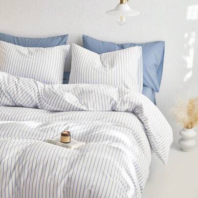 Striped Cotton Duvet Cover Set, Ticking Stripe Vertical Pinstripe Farmhouse Style, 100% Washed Cotton Textured Percale 3 - Piece Bedding Set, Blue White, Queen Size,  Bedding