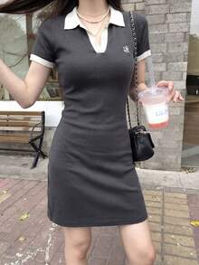 Spring And Summer New Polo Collar Contrasting Dress, College Style Sweet Slim Fit, Bodycon Knit Short Skirt - Dark Grey - View 2
