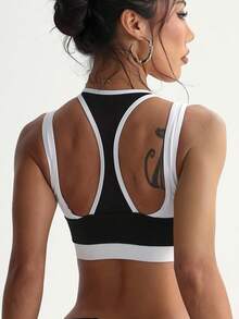女士纯色可拆卸衬垫文胸，时尚网眼拼接露背运动针织文胸 - 黑與白 - 查看 5