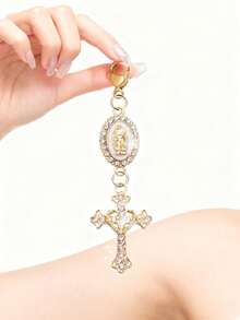 1pc Christian Keychain Charm, Virgin Mary & Crystal Heart Cross Pendant, Bag/Car Key Chain Accessory - One Size Fits All - View 4