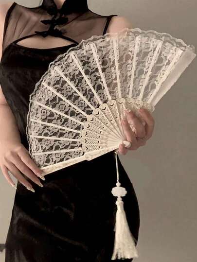 1pc Elegant Retro Chinese Style Black & White Lace Folding Hand Fan, Hanfu/Cheongsam Accessories, Retro Tassel Photography Props For Party & Ball, Perfect For Summer Fan (Without Tassel At Bottom)