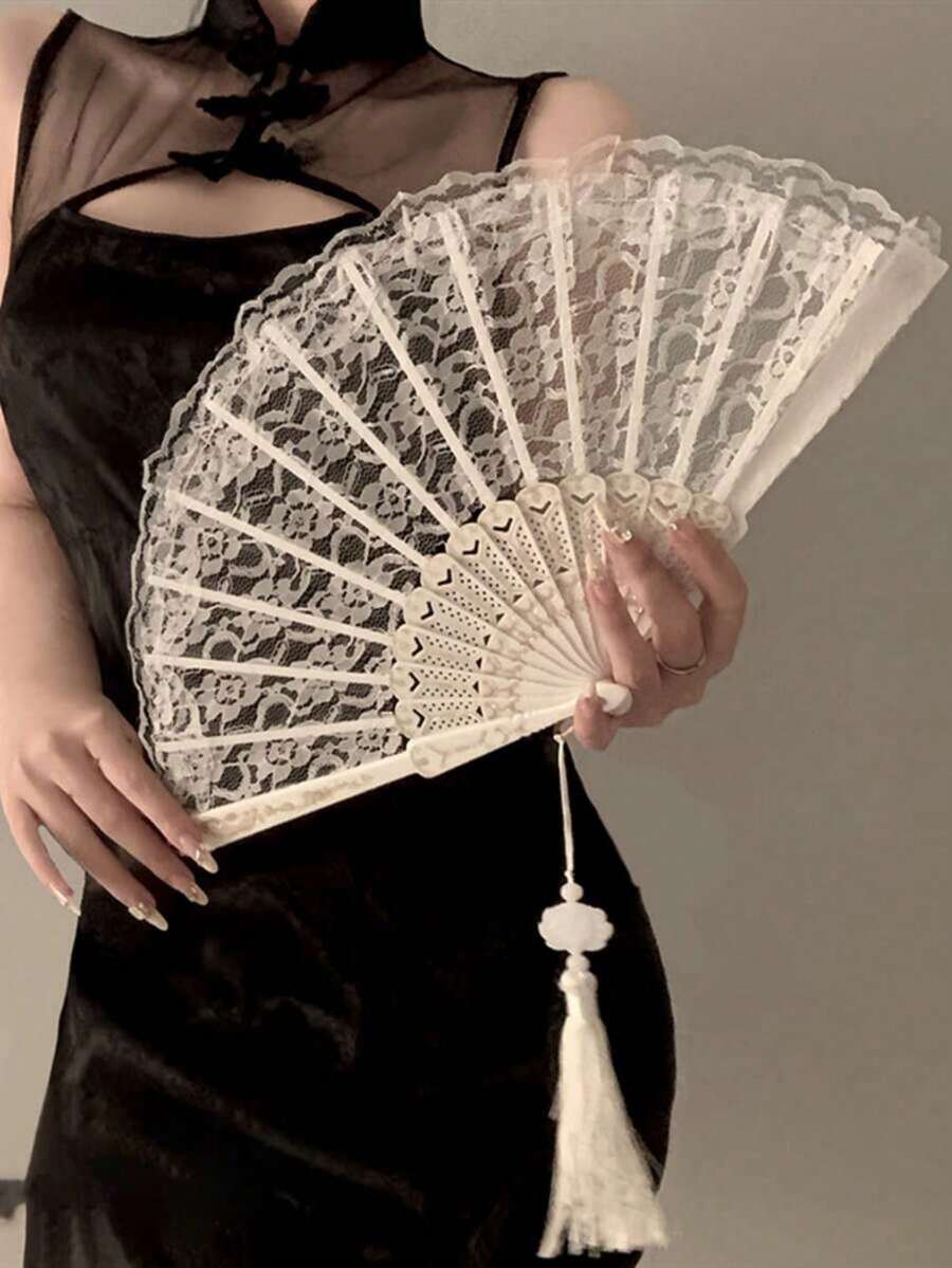 1把优雅复古中式黑白蕾丝折叠手扇,汉服/旗袍配饰,复古流苏摄影道具,适合派对和舞会,夏季扇子(底部无流苏),假日旅行必备 - 彩色 - 查看 1