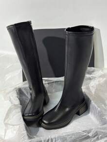 New Autumn/Winter Brown Over-The-Knee Chunky Heel Slim Boots, Classic Black Mid-Calf Riding Boots, Fashion Tall Boots For Women,Party - 深黑色 - 查看 5