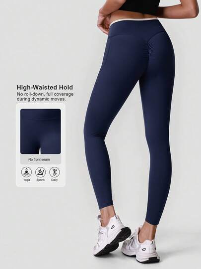 Sodalemon Women No Front Seam Gym Workout Yoga Leggings Contrast Color Hip Lift Athletic Outdoor Casual Active Tights Running Fitness Sport Leggings