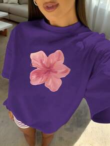 1pcs Plus Size Women's Loose Fit T-Shirt, Printed With Watercolor Pink Hibiscus Flowers, Perfect For Tropical Vacations, Beach Dates, Summer Parties - 紫羅蘭色 - 查看 4
