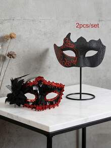2件套高端情侣化妆舞会威尼斯狂欢节派对道具浪漫黑色塑料面具套装，男女通用万圣节狂欢节面具套装，金色情侣面具套装 - 彩色 - 查看 9