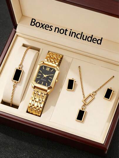 Set de 5 relojes de cuarzo cuadrados elegantes para adolescentes con accesorios cuadrados, adecuados para uso diario, festivales y otras ocasiones, regalo para madre, novia (sin caja de regalo)