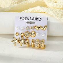 18pcs Sparkling Rhinestone & Pearl Embellished Heart, Starfish, C-Shape Earring Set, Luxury Minimalist Personalized Earrings Suitable For Daily Wear, 2026 Bestselling Design - Yellow Gold - View 4