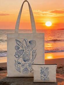 Ocean Theme Canvas Tote Bag, With Starfish And Shell Pattern, Large Capacity Women's Shoulder Bag, Portable Tote Bag, Multi-Functional Storage Bag, Commuter Shopping Bag, Foldable Large Capacity Casual Grocery Bag, Perfect Gift For Friends Who Love The Ocean, Women, Mothers, Teacher's Day, Back To School Season, Birthday Holiday, Spring And Summer Beach Vacation - Multicolor - View 3