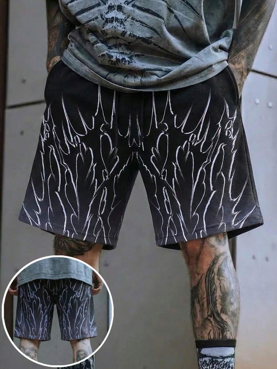 FRACTYR 男士夏季休闲街头时尚渐变荆棘线图案街头服饰深色高街风格透气双面设计宽松印花短裤 - 黑色 - 查看 1