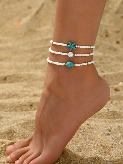 3件套时尚百搭休闲绿松石海星玻璃珠脚链，适合女性，可用于海滩、旅行、派对等场合（珠子颜色和数量随机搭配）