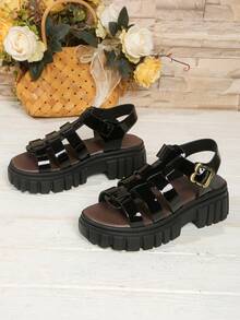 Giày sandal nữ đế xuồng cao, thoáng khí, gót dày, kiểu dáng retro, chất liệu dệt kim, thích hợp cho sinh hoạt hàng ngày. - màu đen - Xem 5