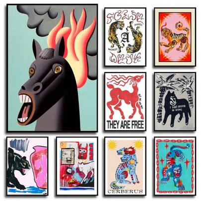 1幅复古抽象动物印花海报，中世纪风格墙面艺术帆布画，适用于卧室、客厅、墙面、家居、房间装饰，帆布墙面装饰，海报，无框