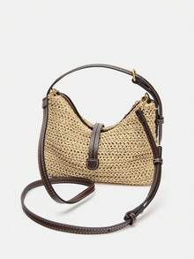 草编拉链水桶包、斜挎包、夏季沙滩编织单肩包、手提包、设计师沙滩包，适合度假、工作、夏季假期 - 米色 - 查看 2