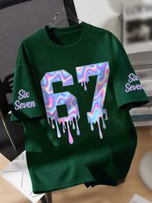 Kaos Lengan Pendek Leher Bulat Motif Angka & Huruf "67" Cyberpunk, Pakaian Anak Perempuan Musim Semi/Panas Terbaru yang Nyaman - Dark Green - View 1