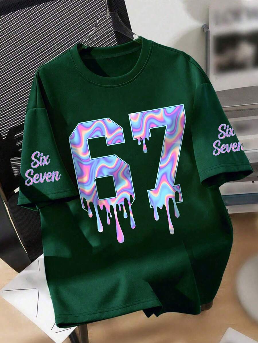 Kaos Lengan Pendek Leher Bulat Motif Angka & Huruf "67" Cyberpunk, Pakaian Anak Perempuan Musim Semi/Panas Terbaru yang Nyaman - Dark Green - View 1