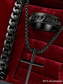 4pcs/Set Casual Business Men's Quartz Watch Set, Including 1pc Men's Quartz Watch And All-Black Accessory Set (Metal Band Roman Numeral Chronograph Watch, Chain Bracelet, Cross Necklace, Textured Ring) - Black - View 5