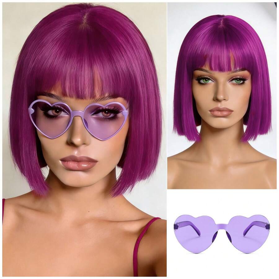 Cyberpunk Bob Wig & Glasses Set - 20+ Neon Colors With Adjustable Fringe | Multi-Tone Synthetic Hair For Cosplay, Rave, Halloween & Daily Bold Fashion (Hot Red/Lime Green/Orange/Light Pink/Plum Purple/Neon Blue/Neon Lilac/Golden Blonde/Black) - 中紫紅色 - 查看 1