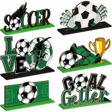 6pcs Soccer Themed Wooden Desktop Decor - Green & Black "SOCCER" Letter Design - 6Pcs - View 3