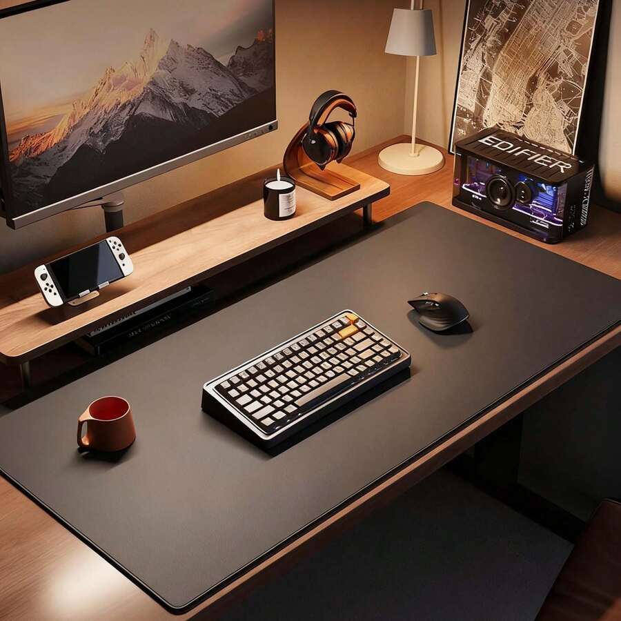 1Pc PU Leather Desk Protector Mat, Large Anti-Slip Extended Mouse Pad, Solid Color Waterproof Laptop Table Cover, Extra Big Desktop Writing Pad, Stylish Workspace Accessory, Aesthetic Desk Storage Protective Mat Suitable For Home Office Daily Use - Black - View 1