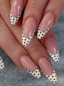 Create Your New Nail Look With 24pcs Medium Almond Press-On Nails! Elegant Retro Cloud White Wide French Fashionable Polka Dot Design, Classic Daily Black And White Contrasting Polka Dot Pattern, Full Cover Fake Nails, Suitable For Women And Girls. Includes 1 Adhesive Tab And 1 Mini Gel Tab. Shipped Randomly. - White - View 1