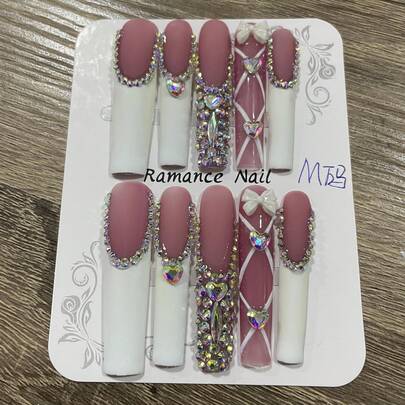 10pcs Reusable Full Cover Nail Stickers - Square French Manicure With Rhinestones, Glitter And Bow Designs, White And Pink Glossy Nail Stickers For Party, Wedding, Special Occasions, Nail Art, Wedding Accessories, Delicate Craftsmanship, Beauty Enthusiasts