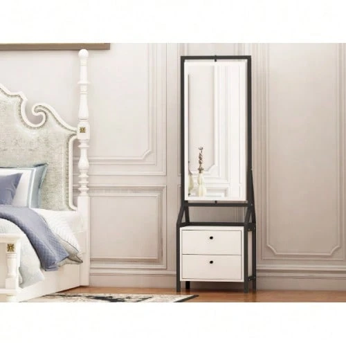 360° Jewelry Cabinet With Full-Length Mirror, Rotating Jewelry Cabinet With 2 Lower Drawers, Freely Rotatable, Spacious Storage Space - white - 查看 1