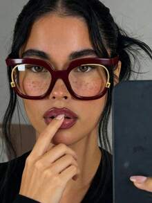 一副超大酒红色透明女式眼镜，欧美大框眼镜，女士老花镜，适合日常阅读、通勤、海滩休闲等场合，复古Y2K基础款商务休闲礼品 - 紅色 - 查看 6