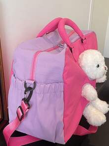Large Capacity Multi-Functional Cute Plush Bear Decor Travel Bag, Colorblock Design With Built-In Wet & Dry Separation Compartment, Shoe Compartment, Suitable For Short Trips, Weekend Getaways, Gym/Yoga, Student Campus Use - Multicolor - View 11