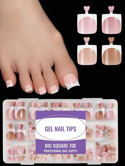 128pcs/Box 16 Sizes Press-On False Toe Nails Set, French Stripe Design In Fair Tone, LongLength With Glossy Finish, Fashionable And Sweet Nails For Daily Wear
