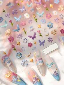 5D Embossed Cartoon Nail Stickers, Cute Flower & Butterfly 3D Nail Art Decals - Multicolor - View 2