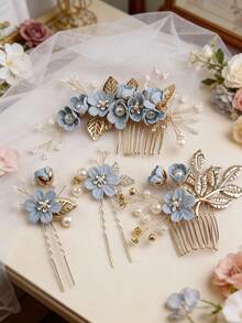 4 cái hoa trang trí mũ cô dâu - Màu xanh lam - Xem 3