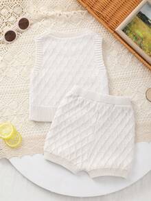 Bộ áo không tay kẻ caro tối giản + quần short cùng màu cho bé gái, thích hợp cho mùa xuân/hè. - Màu be - Xem 7