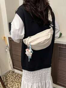 可愛純色女款斜挎包，適合學生夏季街頭風，多功能腰包附泰迪熊吊飾 - 白色 - 查看 4