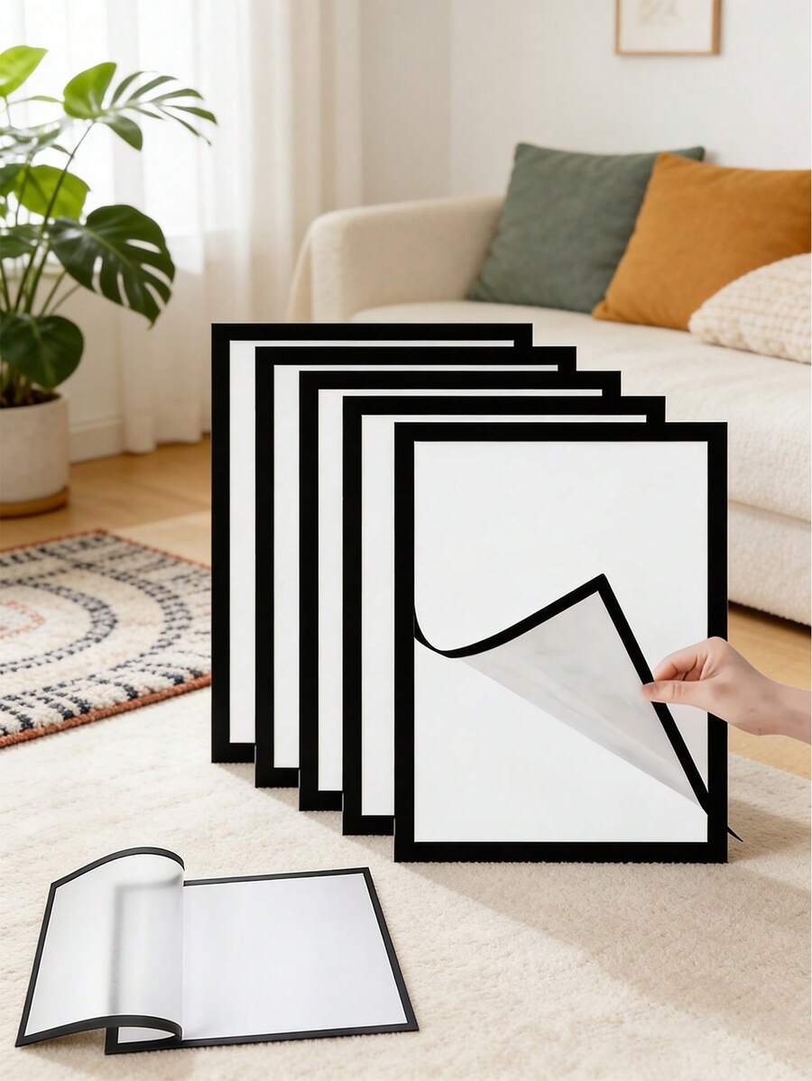 1/3/6pcs Modern Magnetic Wall-Mounted Photo Frames - Self-Adhesive Portable Plastic Frames To Display Photos And Documents, Vertical, Matte Black/White Surface, Document Clips | Minimalist Decor | Self-Adhesive Photo Frames, Magnetic Frames - A - View 1