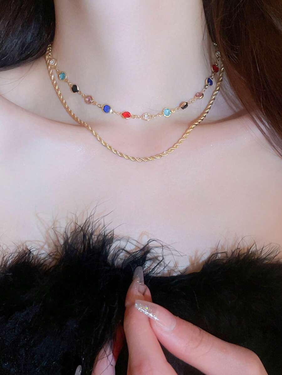 1件几何双层简约时尚链条项链 - 金色 - 查看 1