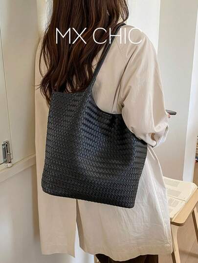 2pcs/Set Women Solid Color PU Shoulder Tote Bag, Fashion Woven Crescent Handbag, Large Capacity, Suitable For Commuting, Shopping, Gift