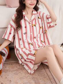 2pcs Women Pajama Set, Short Sleeve Cardigan And Shorts, Skin-Friendly Sleepwear For Summer - Pink - View 5