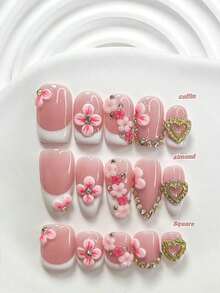 10pcs/Set Valentine's Day Handmade Nail Art Kit, Includes White Flower & Bow Decor, White & Red Gel Nails, French Polka Stickers, Heart Painting, Silver Beads Embedded, 3 Sizes Available: Almond/Square/Coffin Shape, With Set, Suitable Sweet Ladies & Girls, Valentine's Day/Party/Daily Wear Nail Supplies Handmade Press On Nails - 多色 2 - 查看 2