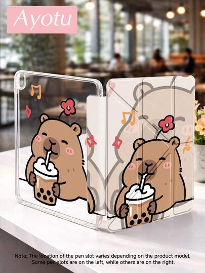 Ayotu The Cartoon Pattern Of Capybara Drinking Milk Tea Case Witch For Y Stand Flip Case Compatible With Ipad A16 ,Pro 13 12.9 11, Air 11 13, Mini, Air 11inch Case,Kindle (11th Generation-2024 Release),Kindle Paperwhite 12th Gen 2024